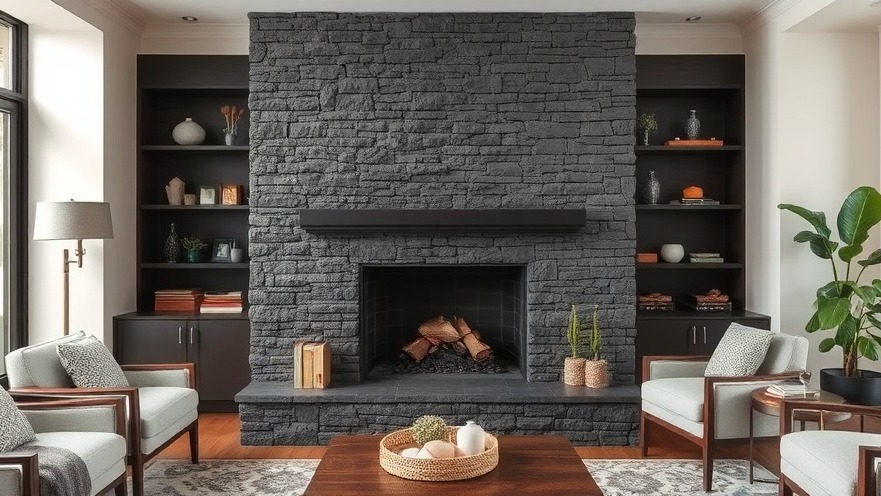 Textural balance in rooms with a sleek black stone fireplace in modern interior design.