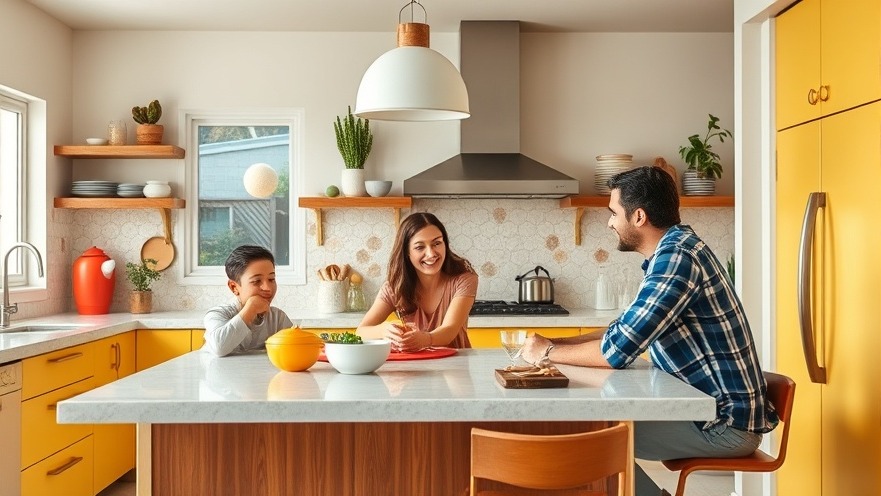 Family enjoying colorful mid-century kitchen in modern home interior design.