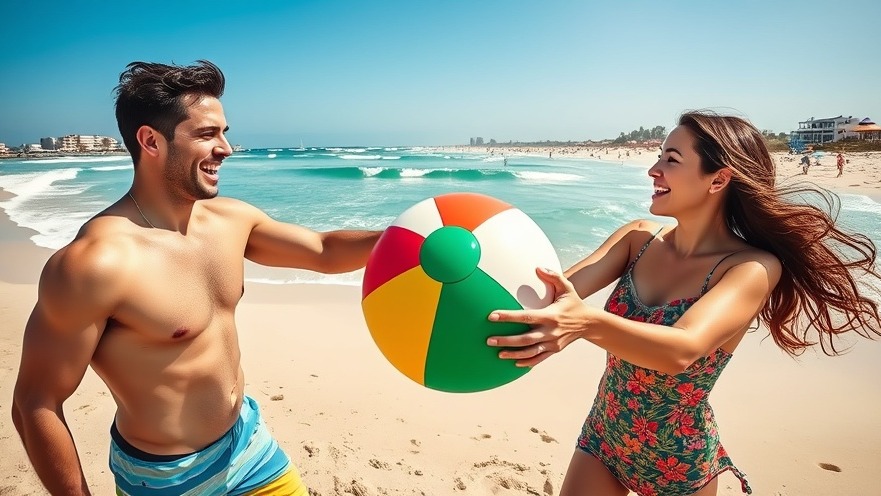 Cheerful couple at Virginia Beach enjoying family-friendly activities with a beach ball.