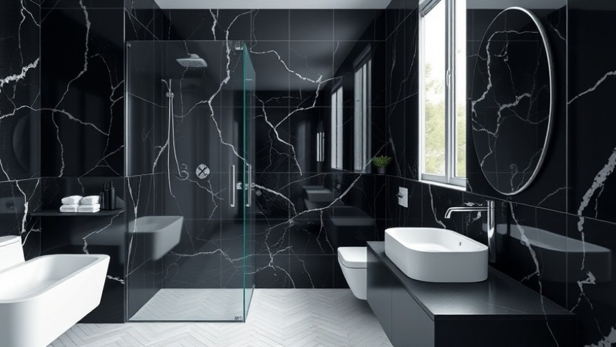 Elegant black marble bathroom renovation with sleek glass shower and minimalist design.