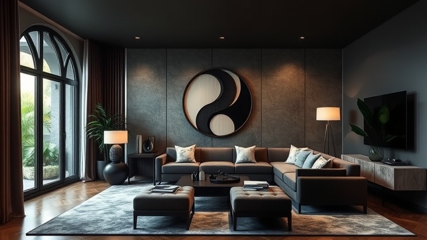 Modern interior design showcasing a minimalist living room with balanced light and dark elements.