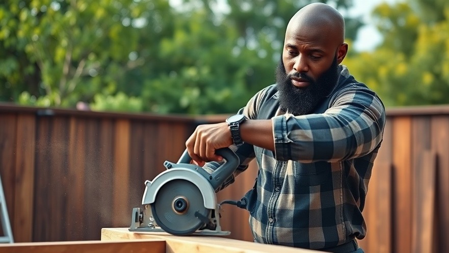 Attractive black man demonstrating DIY backyard makeover with circular saw.