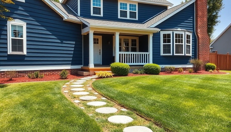 Charming suburban house with navy blue siding, well-maintained yard.