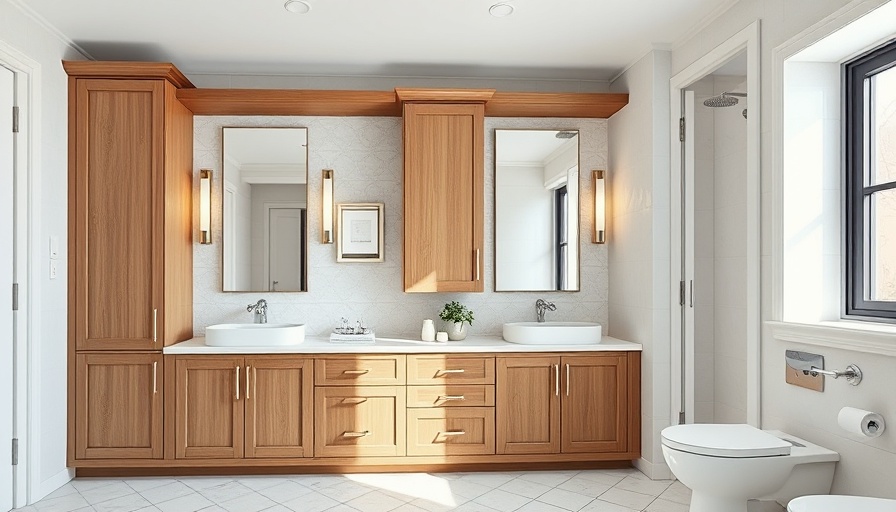 Award-winning bathroom remodel with modern double sink and wooden cabinets.