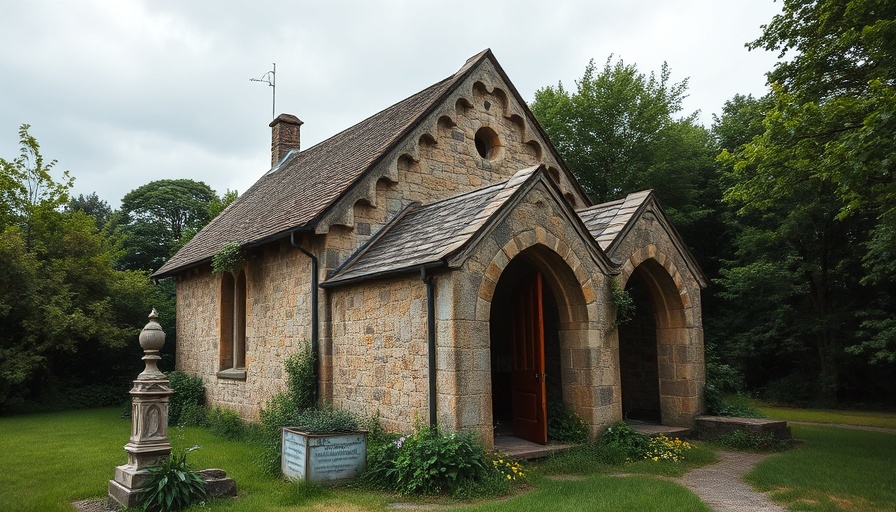 Chapel conversion opportunities in rustic stone building with greenery.