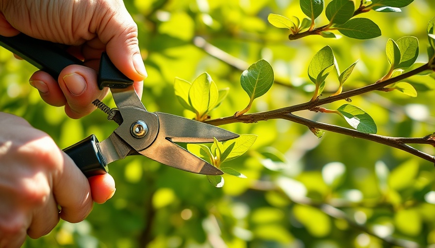 Close-up of pruning shears cutting a tree branch in sunny garden