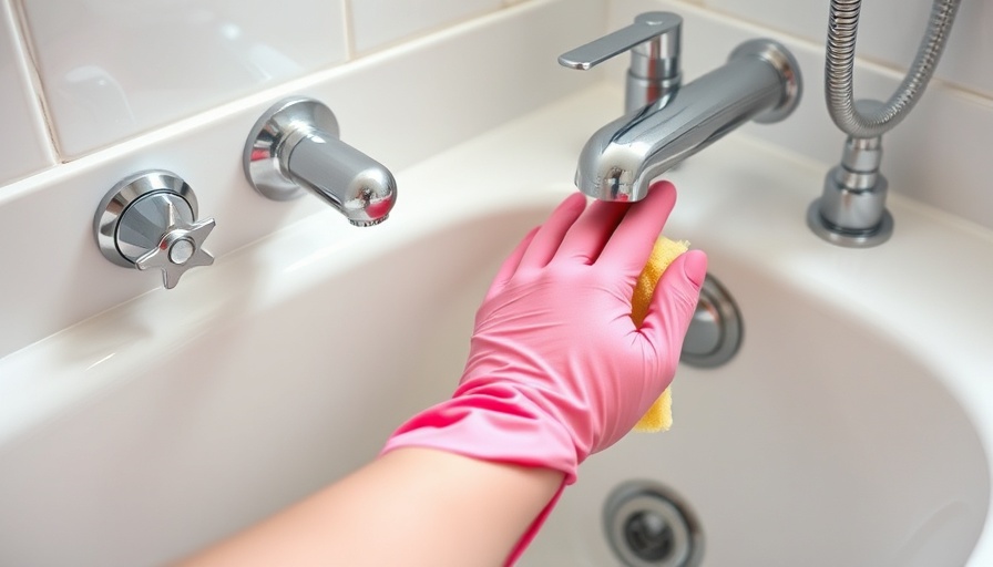 Cleaning bathtub with sponge and glove, minimalistic bathroom setup.