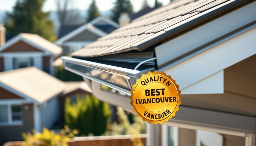 Close-up of eavestrough with best in Vancouver badge.