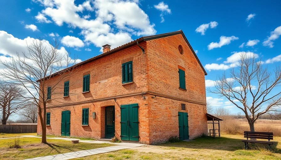 Rustic brick building with green doors, home addition style.