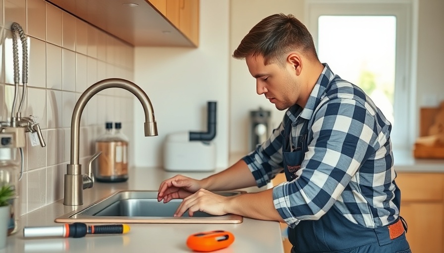 Plumber inspecting under sink in modern kitchen for Poly B Replacement Services.