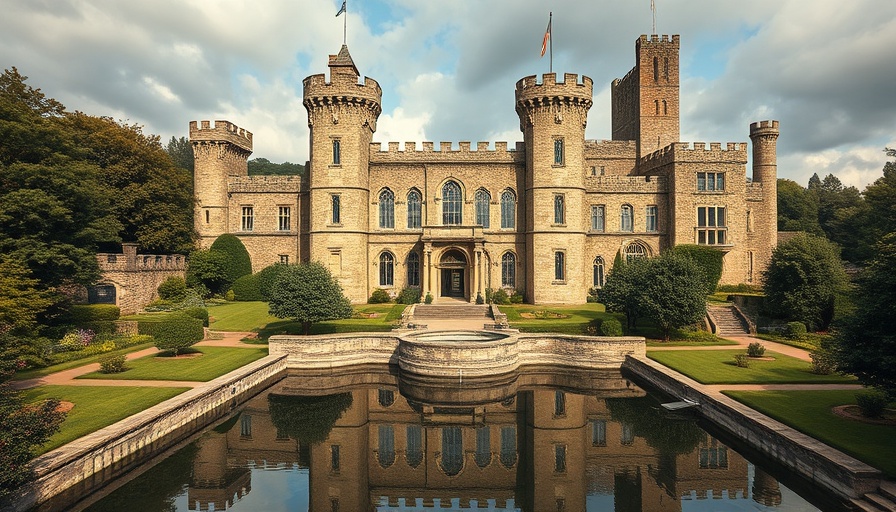 Majestic medieval castle with lush gardens and moat, highlighting home addition.