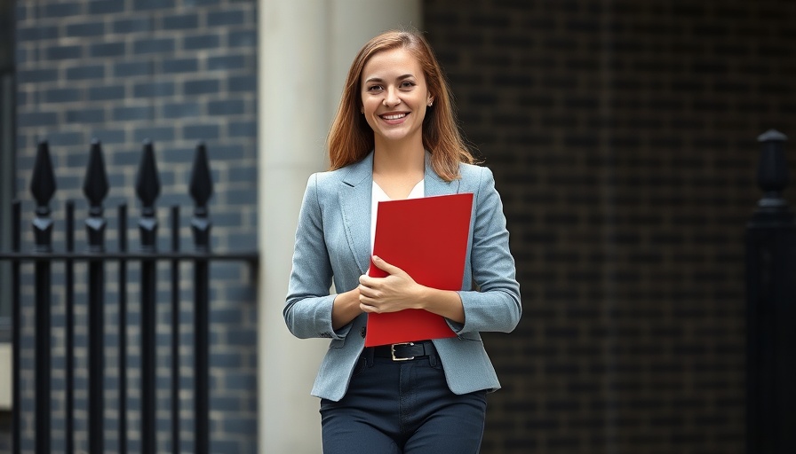 Professional woman smiling with document folder in city. Home addition.