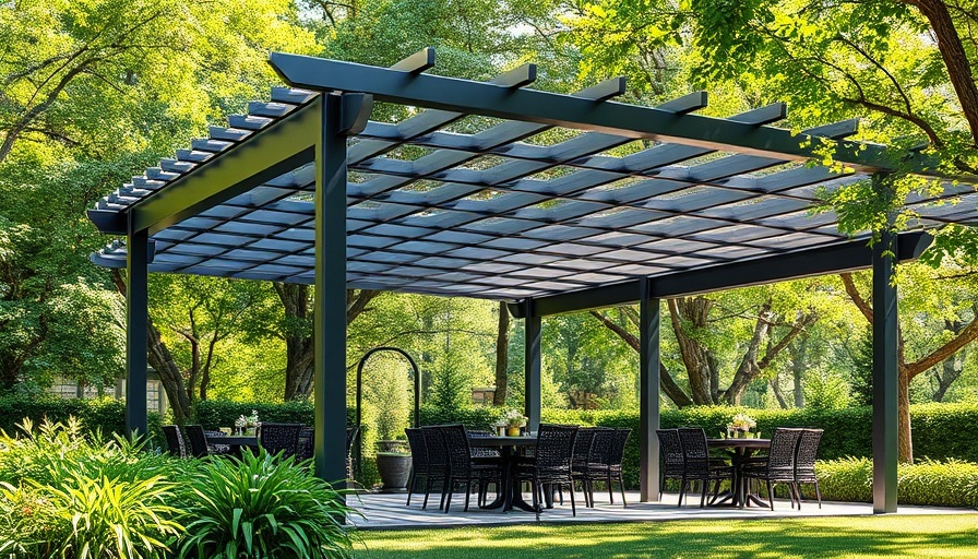 Pergola height planning permission: elegant metal pergola with dining set.