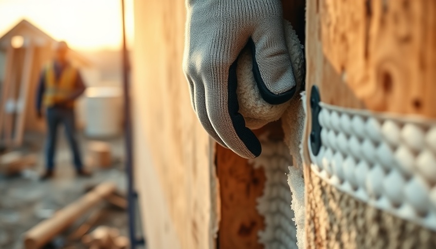 Cavity wall insulation being applied by gloved hands on a construction site.