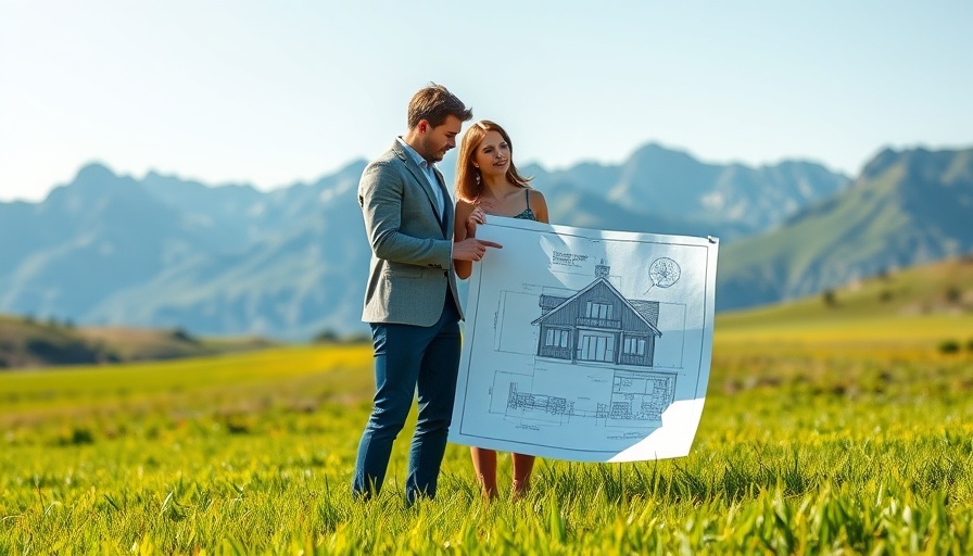 Couple in field with house blueprint during home addition consultation.