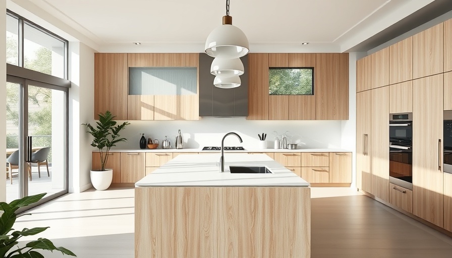 Modern kitchen featuring a stylish island, bold natural lighting.