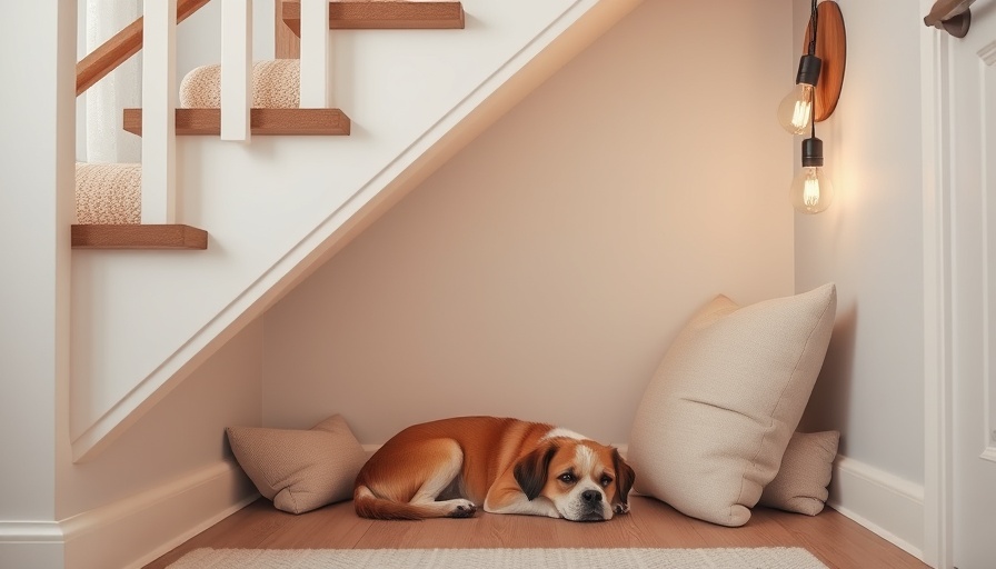 Cozy under-stair space with dog, showing open-plan impact