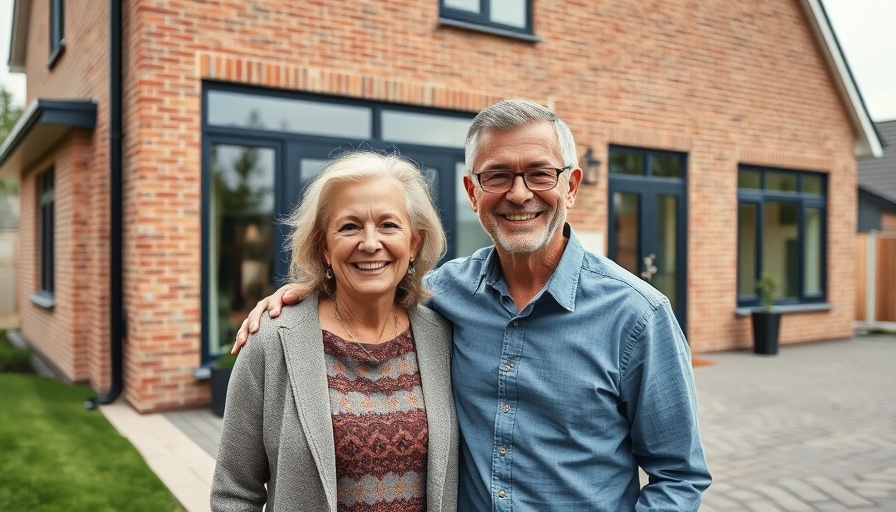 Smiling mature couple showcasing modern home addition with large windows.