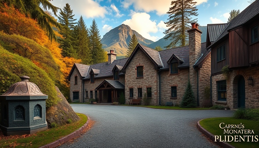 Highland lodge renovation amidst lush greenery and mountains.