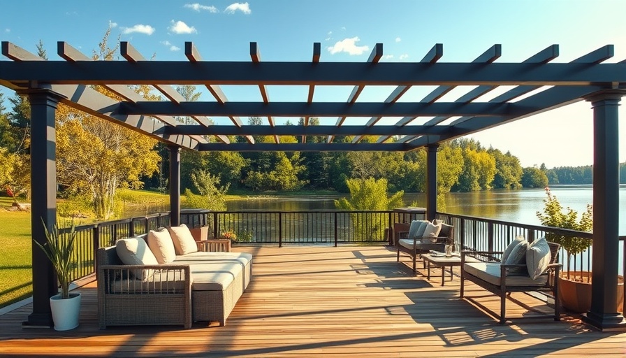Modern pergola waterproofing overlooking serene waterfront.