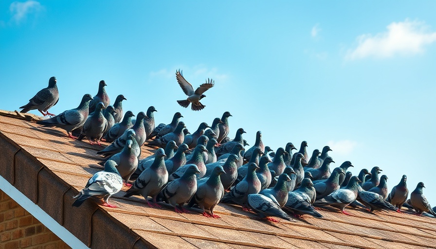 Pigeons perched on a roof under a blue sky, highlighting solutions to stop pigeons on your roof.