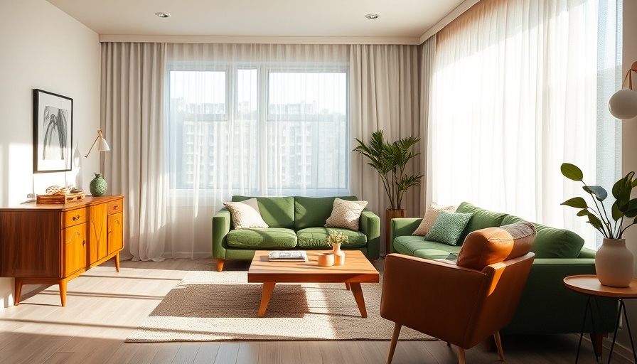 Modern living room with green sofa and brown chair in home addition.
