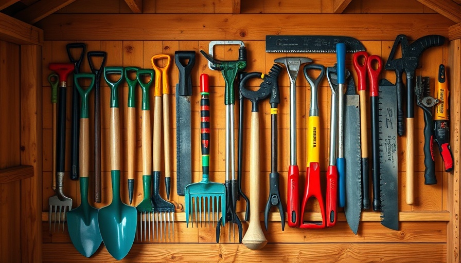 Variety of tools neatly organized on a shed wall