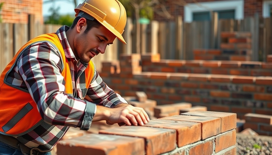 Construction worker laying bricks for conservatory foundations.