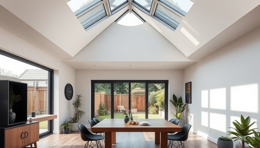 Modern home addition with skylight and garden view.