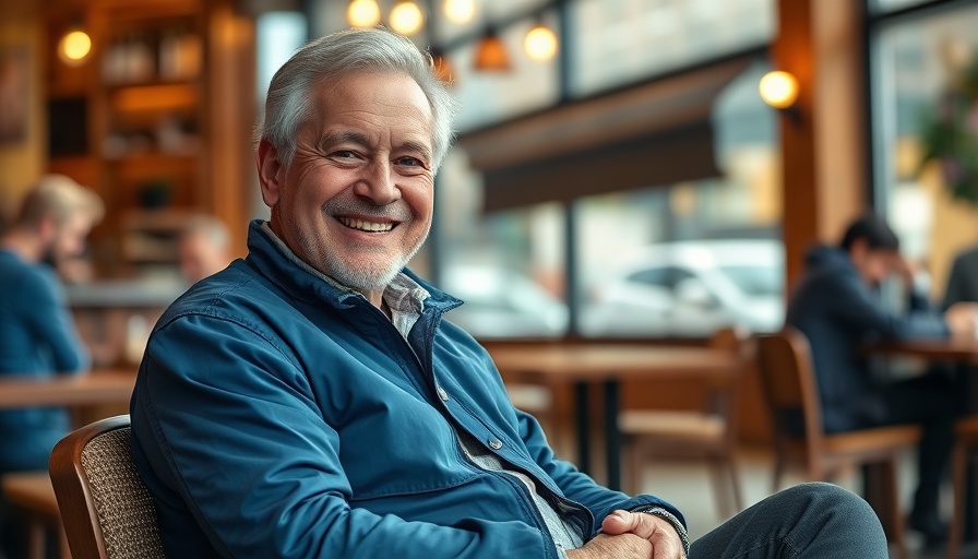 Smiling man sitting at cafe, wearing blue jacket.