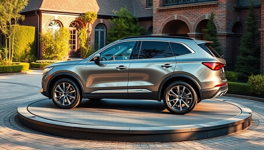 SUV on rotating driveway platform in garden.