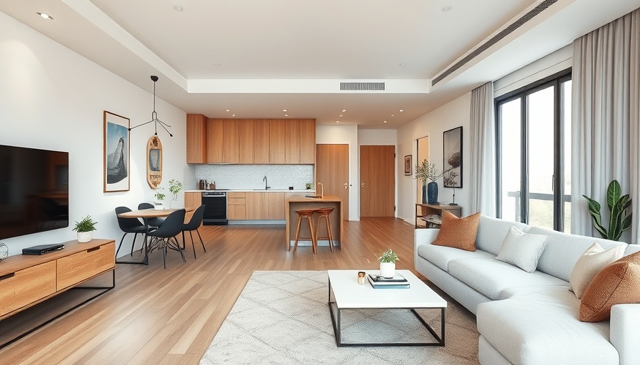 Modern small condo living room with open kitchen in Calgary.