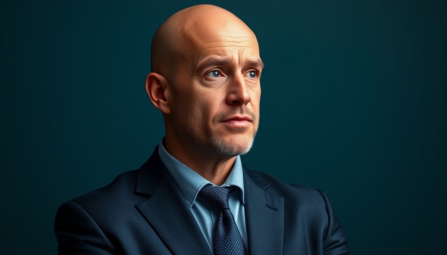 Bald man in suit contemplating against dark teal backdrop.