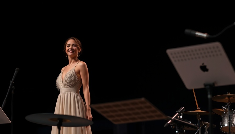 Elegant woman on stage with musical equipment.
