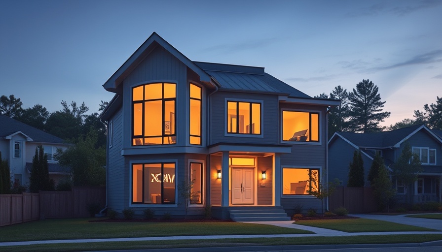 Modern home addition with large windows and garage at dusk.