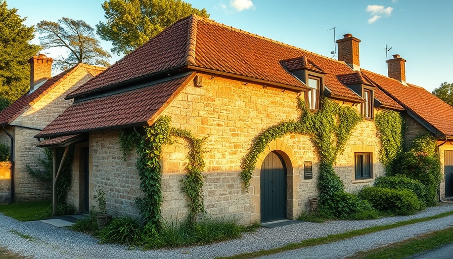 Stone garage with old roof, potential for conversion, rural setting.