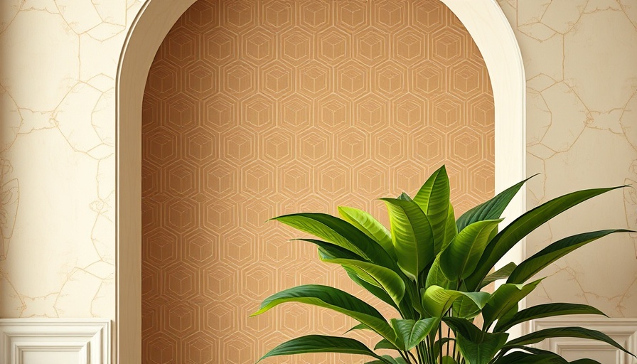 Wallpapering an alcove with geometric design and plant.