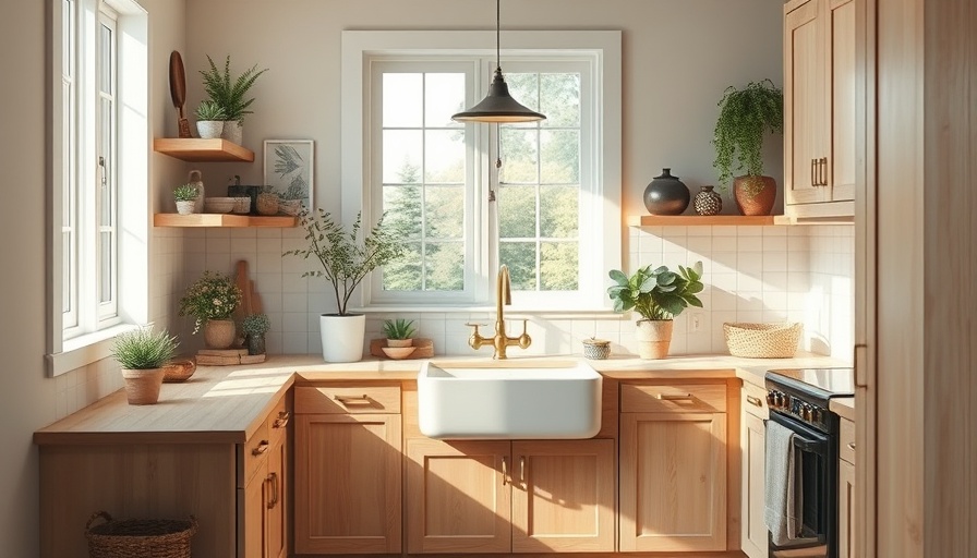 Farmhouse kitchen with light wood cabinets and white sink, home addition.