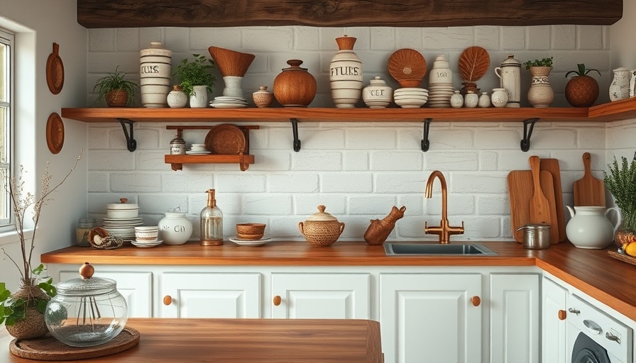 Rustic kitchen with pottery and warm wooden tones, cozy feel.