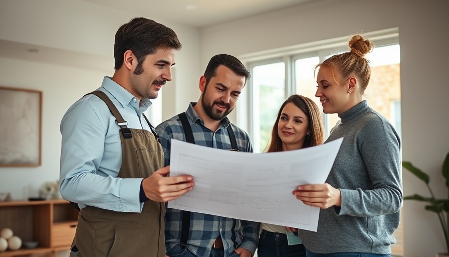 Home addition contractors discussing renovation plans indoors.