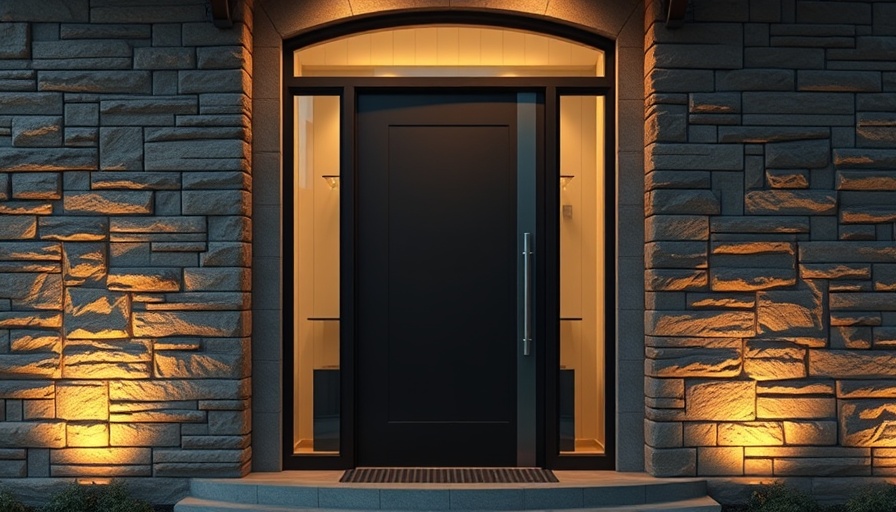 Modern bespoke front door with stone walls and ambient lighting.