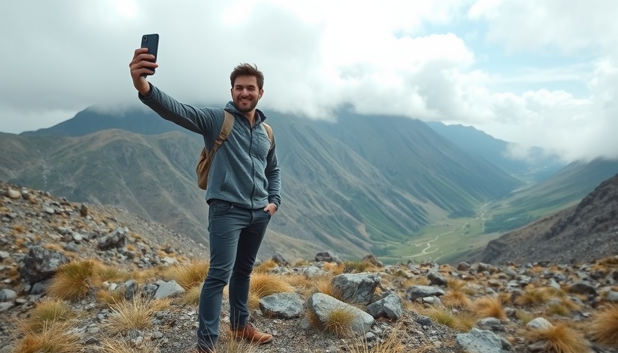 Man taking selfie on mountain, highlighting home insurance risks.