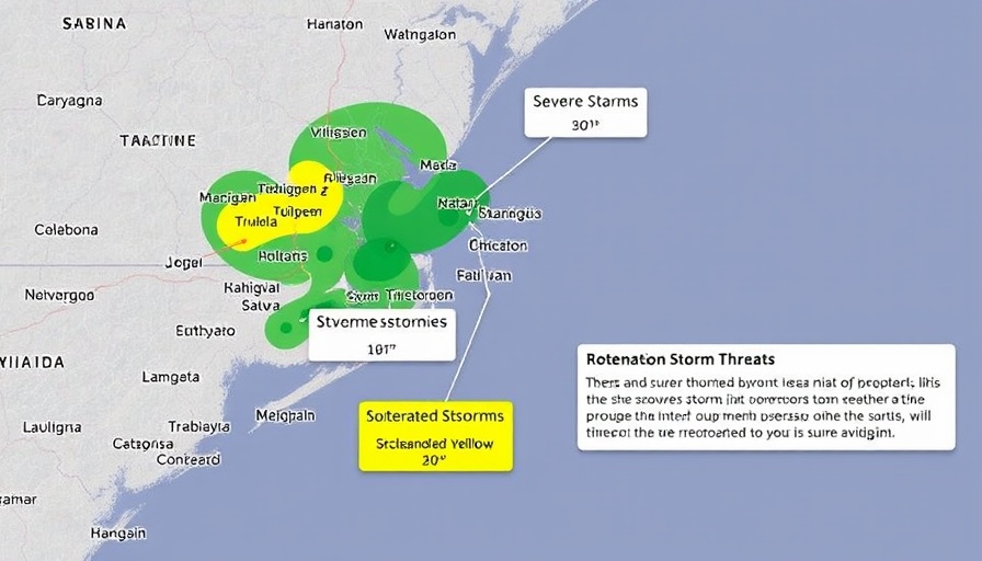 Severe storm warning map for Southeastern Virginia with risk levels.