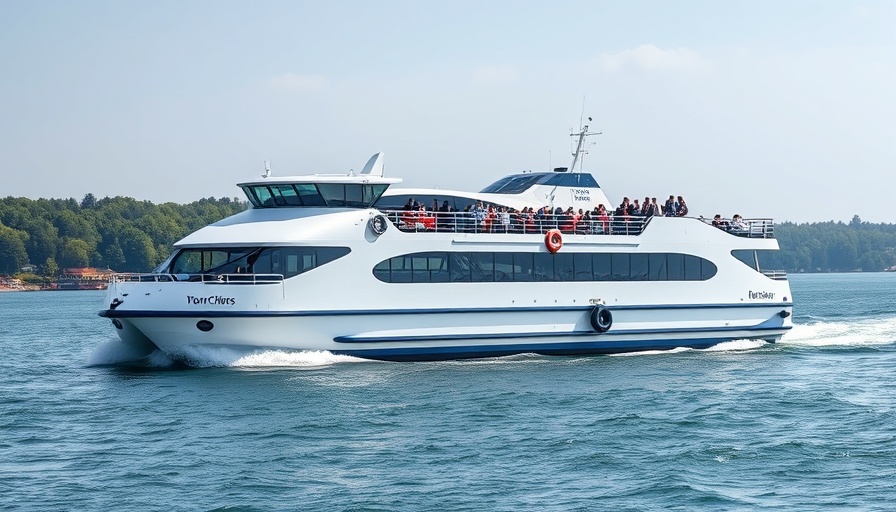 Jamestown-Scotland Ferry resumes service, ferry with cars on water.