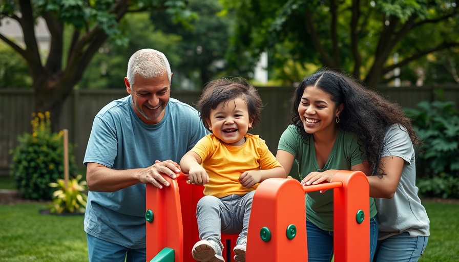 Volunteers and child on playset, showing joy and support.