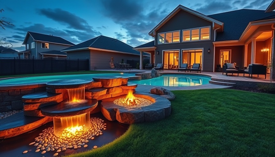 Design your own backyard with a pool and fire pit at twilight.