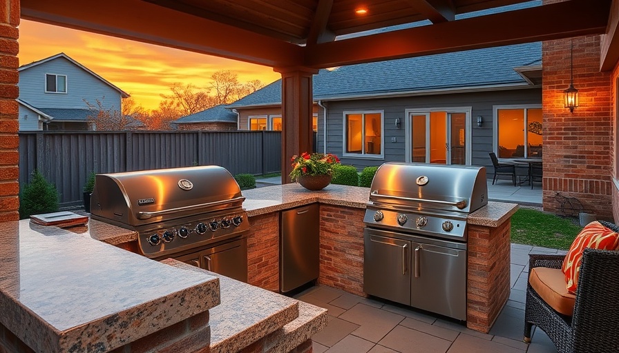Stunning outdoor kitchen featuring a grill at sunset.