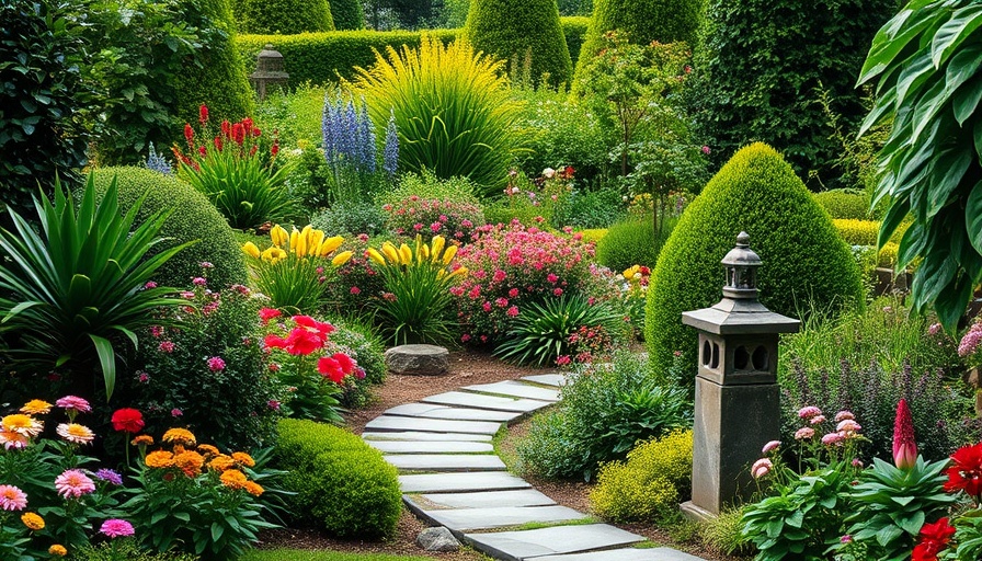 Lush landscaping enhances property value with vibrant plants and stone path.