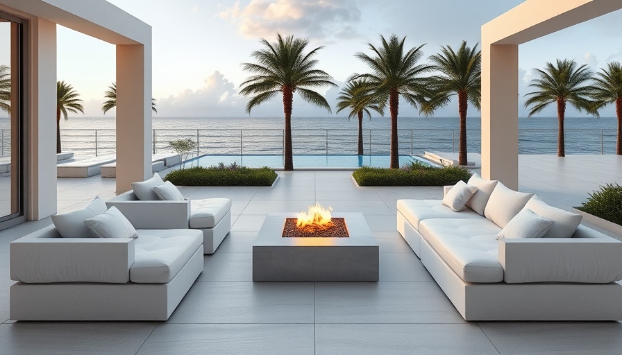Modern patio with fire feature and tropical backdrop.