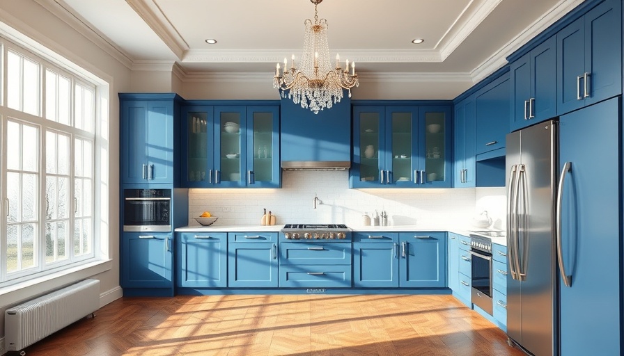 Sophisticated kitchen design with blue cabinets and chandelier